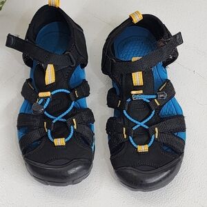 Keen Kids Black and Blue Sandals with Yellow Accents